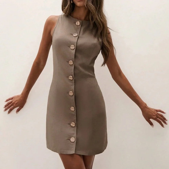 Brown Casual Women's Crew Neck Sleeveless Front Button Mini Dress - Picture 1 of 7